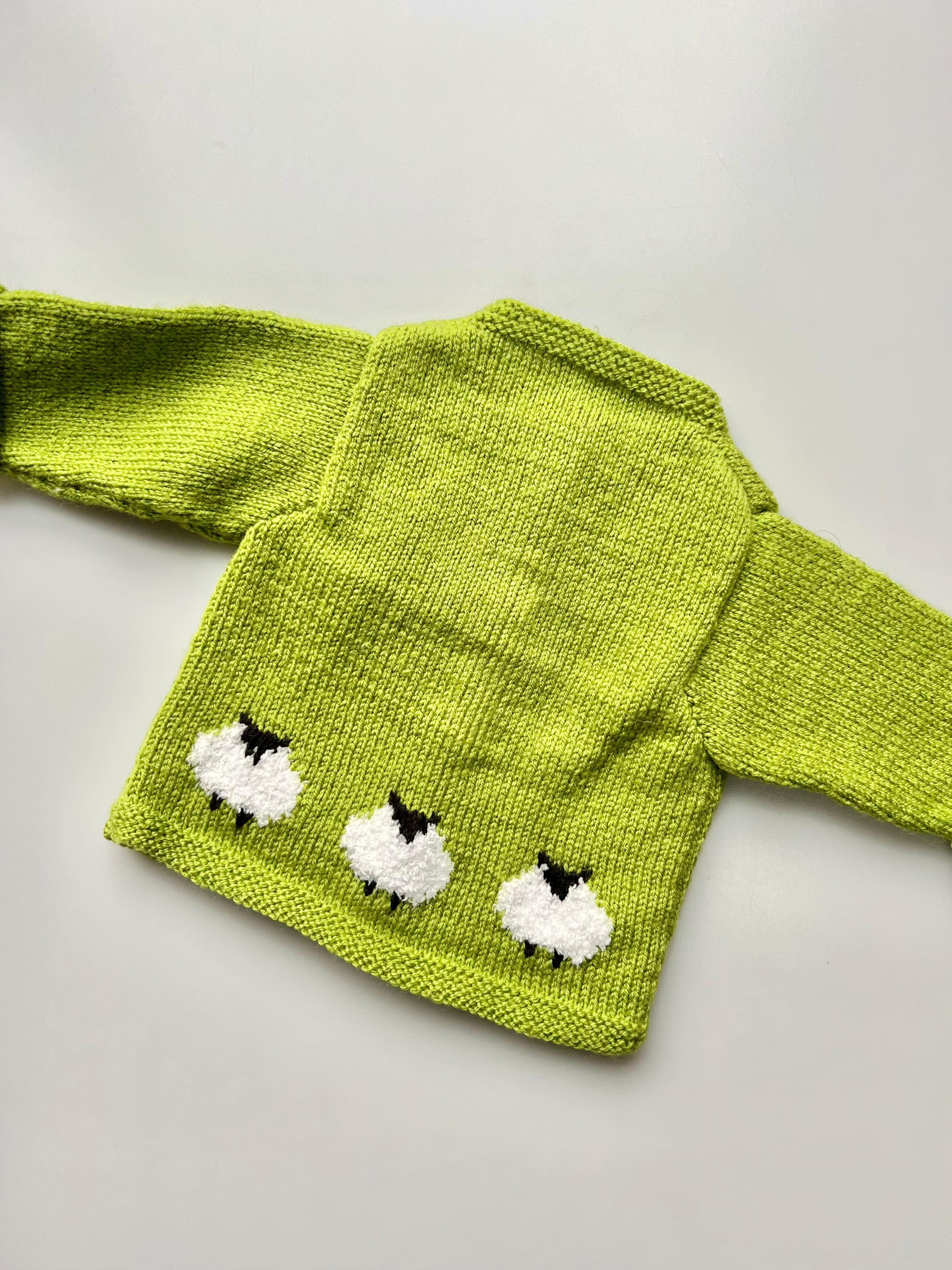 Hand Knitted Green Sheep Cardigan 2-4 Months